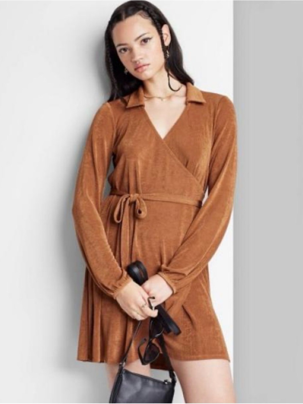 Wild Fable Metallic Shimmer Wrap Collar Long Sleeve Tie Front Mini Dress size XS